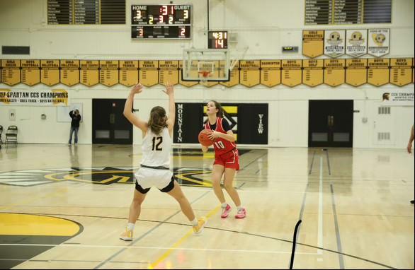 Freshman Peyton Steffen prepares to shoot a basket in an away game against Mountain View High School.